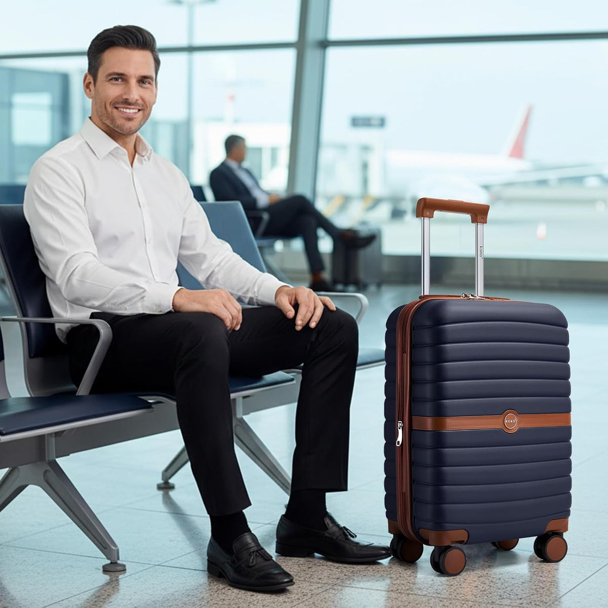 Expandable Carry On Luggage 22x14x9 Airline Approved with Spinner Wheels, 20 Inch Impact-Resistant PC+ABS Hardshell Rolling Suitcase Travel Luggage with Lock, White/Brown