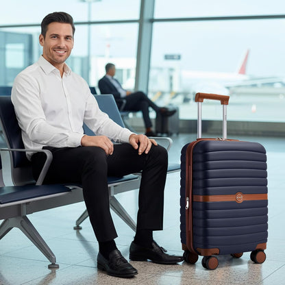 Expandable Carry On Luggage 22x14x9 Airline Approved with Spinner Wheels, 20 Inch Impact-Resistant PC+ABS Hardshell Rolling Suitcase Travel Luggage with Lock, White/Brown