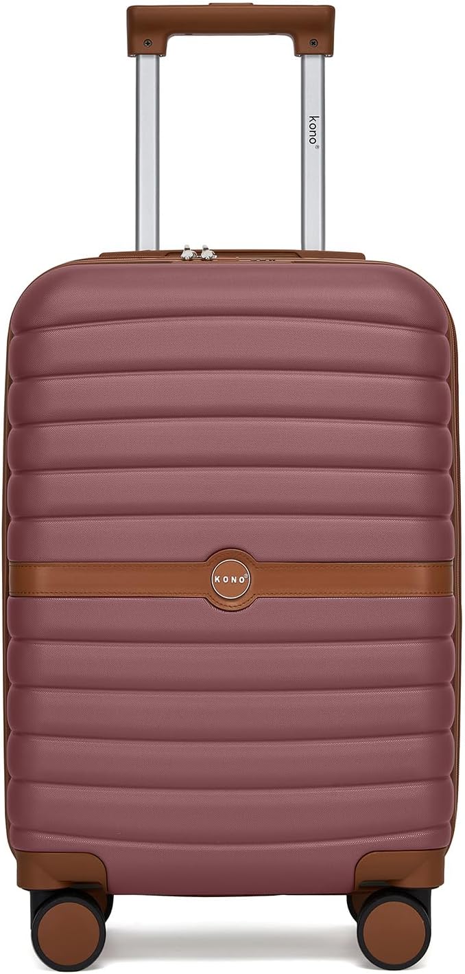 Expandable Carry On Luggage 22x14x9 Airline Approved with Spinner Wheels, 20 Inch Impact-Resistant PC+ABS Hardshell Rolling Suitcase Travel Luggage with Lock, White/Brown