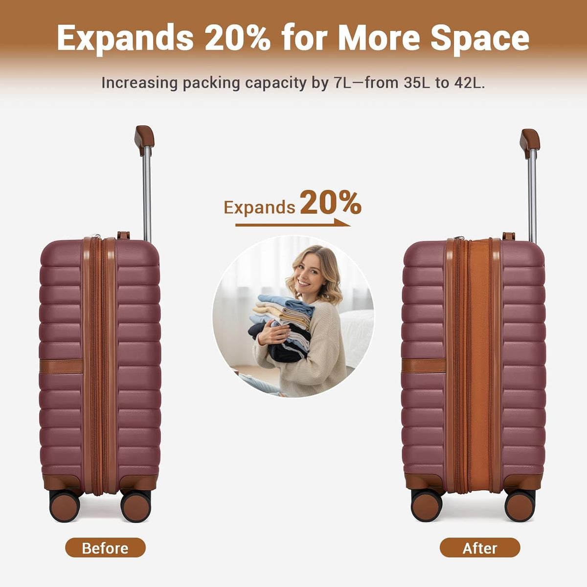 Expandable Carry On Luggage 22x14x9 Airline Approved with Spinner Wheels, 20 Inch Impact-Resistant PC+ABS Hardshell Rolling Suitcase Travel Luggage with Lock, White/Brown