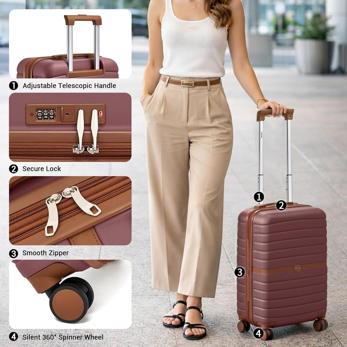 Expandable Carry On Luggage 22x14x9 Airline Approved with Spinner Wheels, 20 Inch Impact-Resistant PC+ABS Hardshell Rolling Suitcase Travel Luggage with Lock, White/Brown