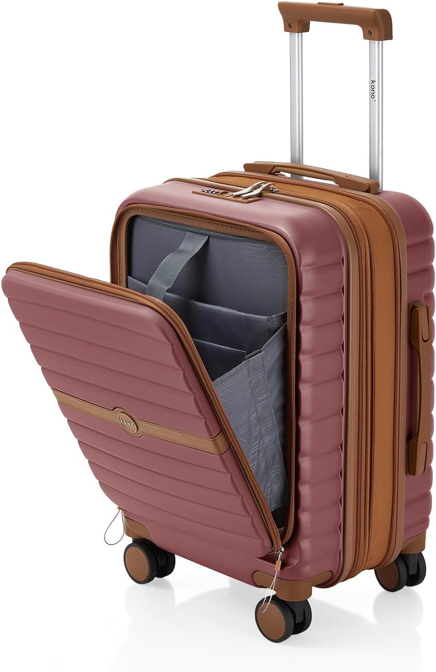 Expandable Carry On Luggage 22x14x9 Airline Approved with Spinner Wheels, 20 Inch Impact-Resistant PC+ABS Hardshell Rolling Suitcase Travel Luggage with Lock, White/Brown