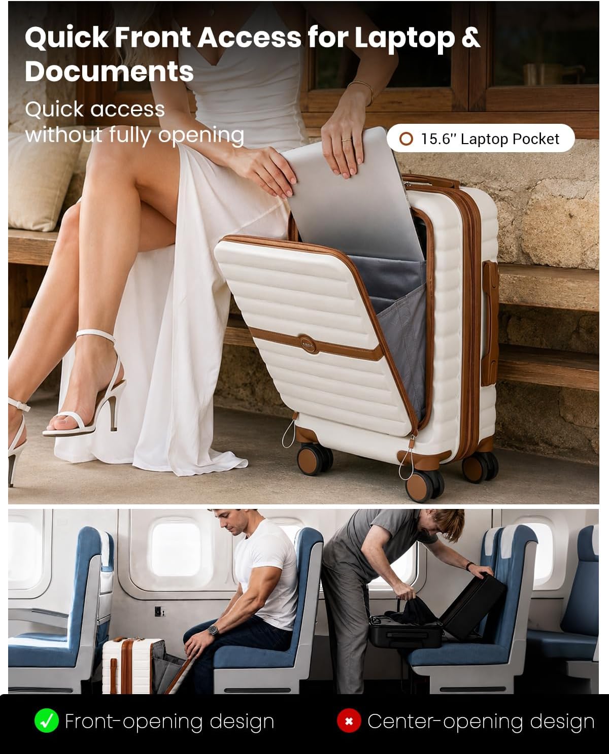 Expandable Carry On Luggage 22x14x9 Airline Approved with Spinner Wheels, 20 Inch Impact-Resistant PC+ABS Hardshell Rolling Suitcase Travel Luggage with Lock, White/Brown