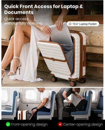 Expandable Carry On Luggage 22x14x9 Airline Approved with Spinner Wheels, 20 Inch Impact-Resistant PC+ABS Hardshell Rolling Suitcase Travel Luggage with Lock, White/Brown
