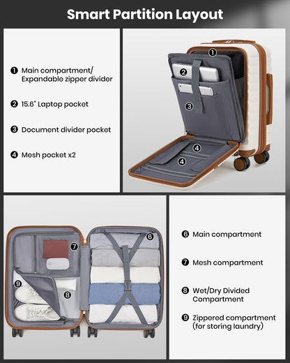 Expandable Carry On Luggage 22x14x9 Airline Approved with Spinner Wheels, 20 Inch Impact-Resistant PC+ABS Hardshell Rolling Suitcase Travel Luggage with Lock, White/Brown