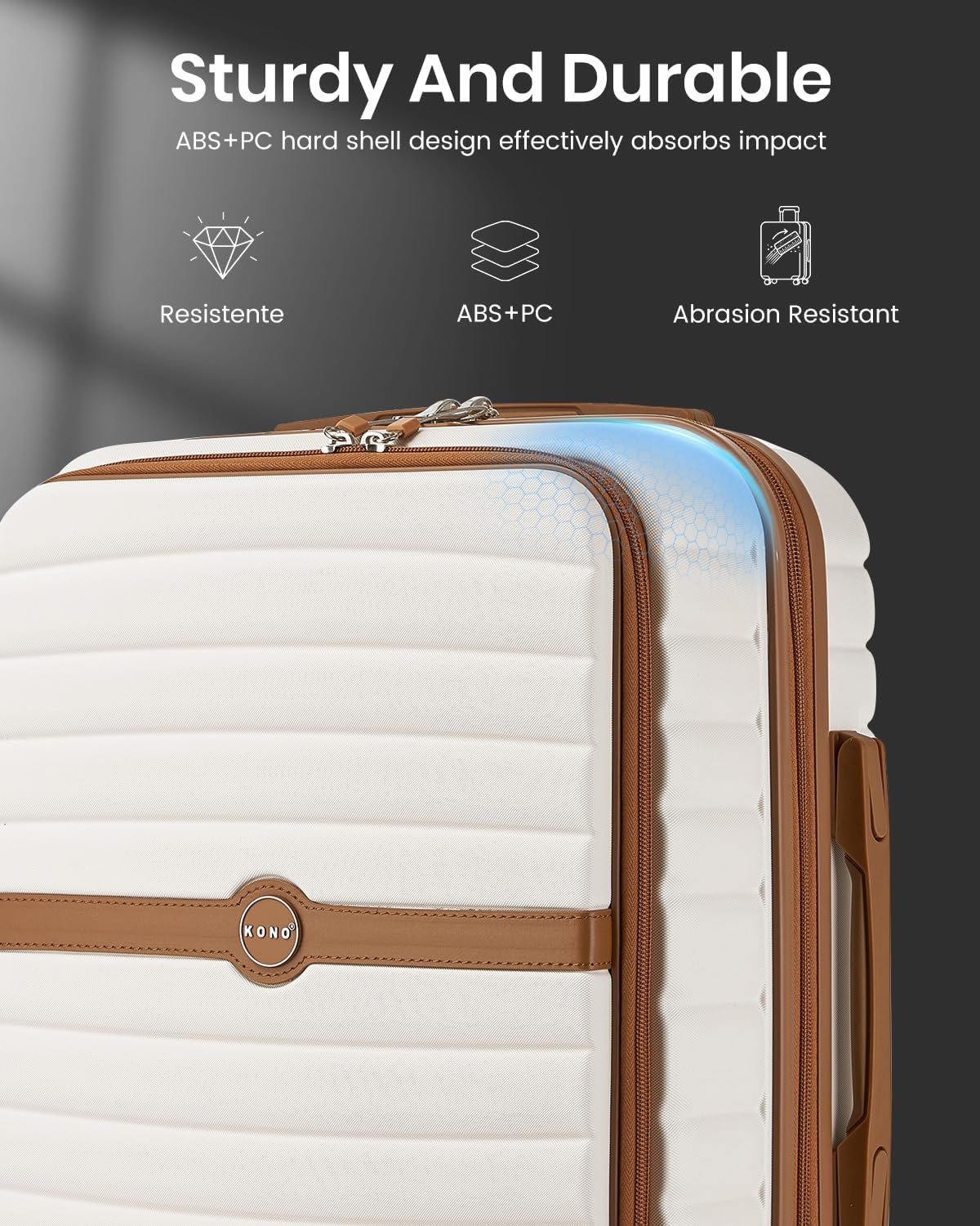 Expandable Carry On Luggage 22x14x9 Airline Approved with Spinner Wheels, 20 Inch Impact-Resistant PC+ABS Hardshell Rolling Suitcase Travel Luggage with Lock, White/Brown