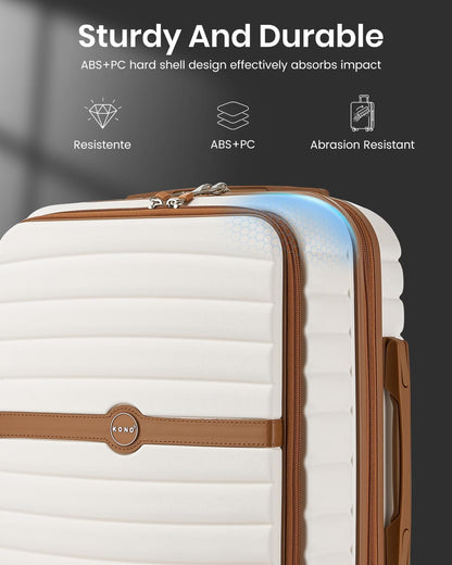 Expandable Carry On Luggage 22x14x9 Airline Approved with Spinner Wheels, 20 Inch Impact-Resistant PC+ABS Hardshell Rolling Suitcase Travel Luggage with Lock, White/Brown