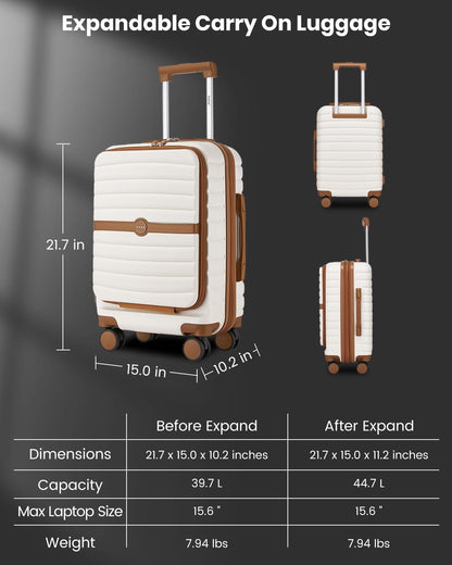 Expandable Carry On Luggage 22x14x9 Airline Approved with Spinner Wheels, 20 Inch Impact-Resistant PC+ABS Hardshell Rolling Suitcase Travel Luggage with Lock, White/Brown