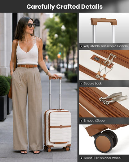 Expandable Carry On Luggage 22x14x9 Airline Approved with Spinner Wheels, 20 Inch Impact-Resistant PC+ABS Hardshell Rolling Suitcase Travel Luggage with Lock, White/Brown