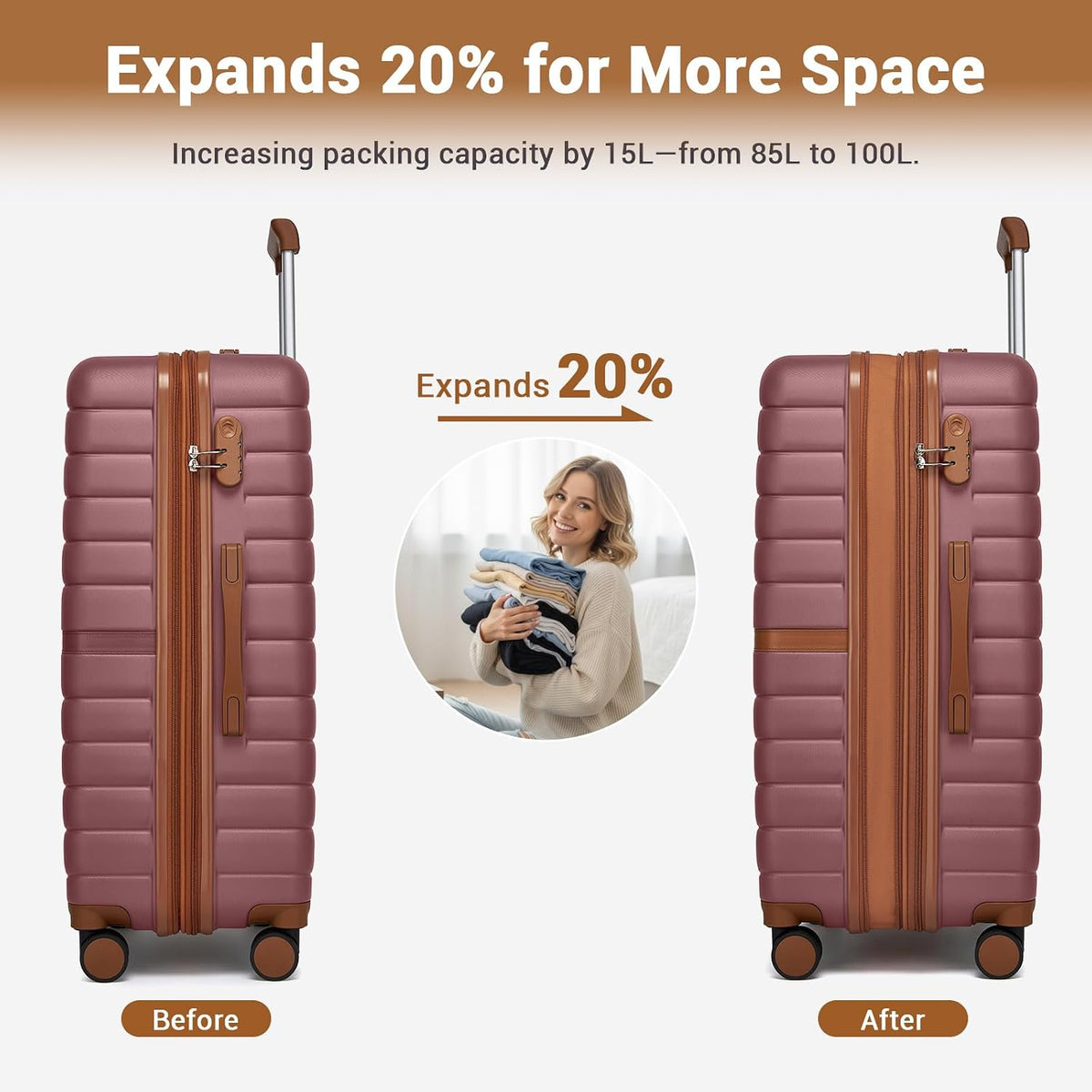 Expandable Carry On Luggage 22x14x9 Airline Approved with Spinner Wheels, 20 Inch Impact-Resistant PC+ABS Hardshell Rolling Suitcase Travel Luggage with Lock, White/Brown