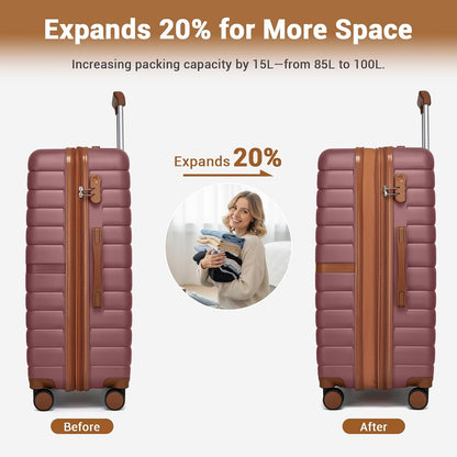 Expandable Carry On Luggage 22x14x9 Airline Approved with Spinner Wheels, 20 Inch Impact-Resistant PC+ABS Hardshell Rolling Suitcase Travel Luggage with Lock, White/Brown
