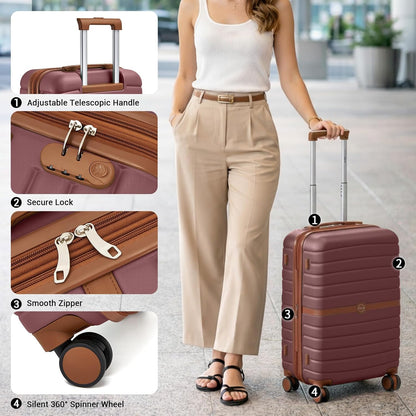 Expandable Carry On Luggage 22x14x9 Airline Approved with Spinner Wheels, 20 Inch Impact-Resistant PC+ABS Hardshell Rolling Suitcase Travel Luggage with Lock, White/Brown