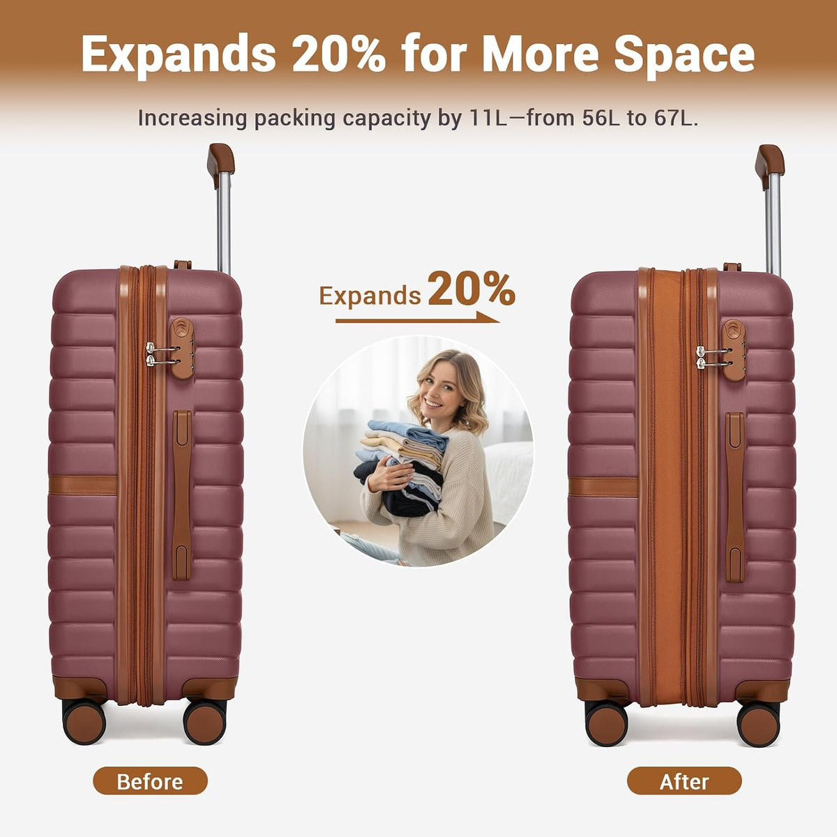 Expandable Carry On Luggage 22x14x9 Airline Approved with Spinner Wheels, 20 Inch Impact-Resistant PC+ABS Hardshell Rolling Suitcase Travel Luggage with Lock, White/Brown