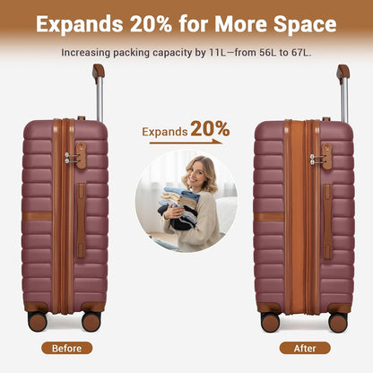 Expandable Carry On Luggage 22x14x9 Airline Approved with Spinner Wheels, 20 Inch Impact-Resistant PC+ABS Hardshell Rolling Suitcase Travel Luggage with Lock, White/Brown
