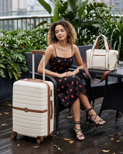 Expandable Carry On Luggage 22x14x9 Airline Approved with Spinner Wheels, 20 Inch Impact-Resistant PC+ABS Hardshell Rolling Suitcase Travel Luggage with Lock, White/Brown