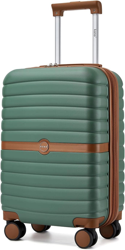 Expandable Carry On Luggage 22x14x9 Airline Approved with Spinner Wheels, 20 Inch Impact-Resistant PC+ABS Hardshell Rolling Suitcase Travel Luggage with Lock, White/Brown