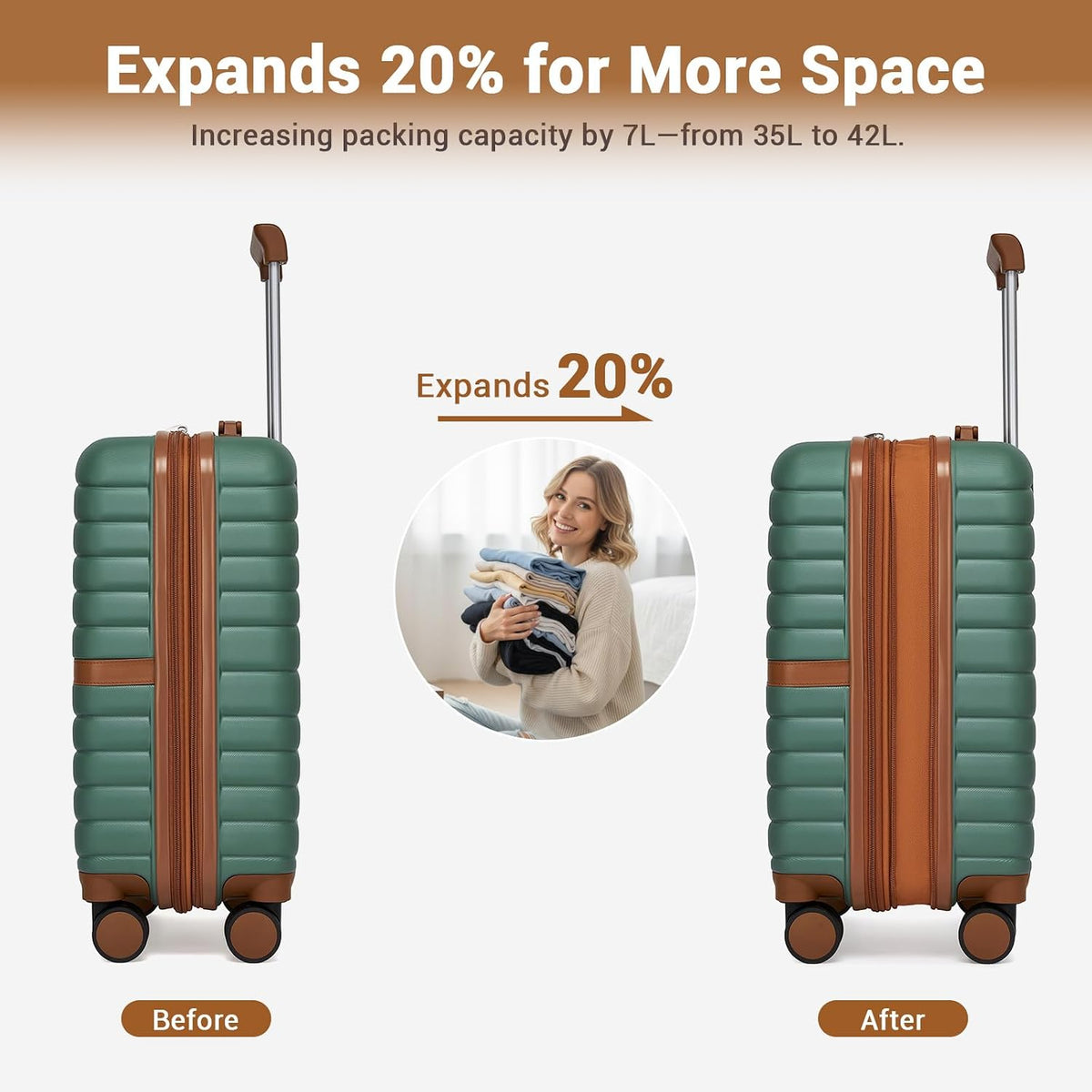 Expandable Carry On Luggage 22x14x9 Airline Approved with Spinner Wheels, 20 Inch Impact-Resistant PC+ABS Hardshell Rolling Suitcase Travel Luggage with Lock, White/Brown