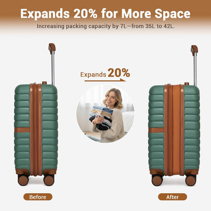 Expandable Carry On Luggage 22x14x9 Airline Approved with Spinner Wheels, 20 Inch Impact-Resistant PC+ABS Hardshell Rolling Suitcase Travel Luggage with Lock, White/Brown