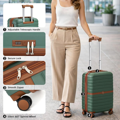 Expandable Carry On Luggage 22x14x9 Airline Approved with Spinner Wheels, 20 Inch Impact-Resistant PC+ABS Hardshell Rolling Suitcase Travel Luggage with Lock, White/Brown