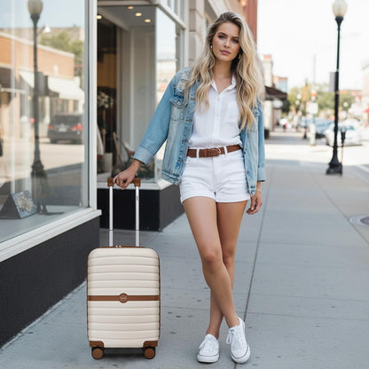 Expandable Carry On Luggage 22x14x9 Airline Approved with Spinner Wheels, 20 Inch Impact-Resistant PC+ABS Hardshell Rolling Suitcase Travel Luggage with Lock, White/Brown