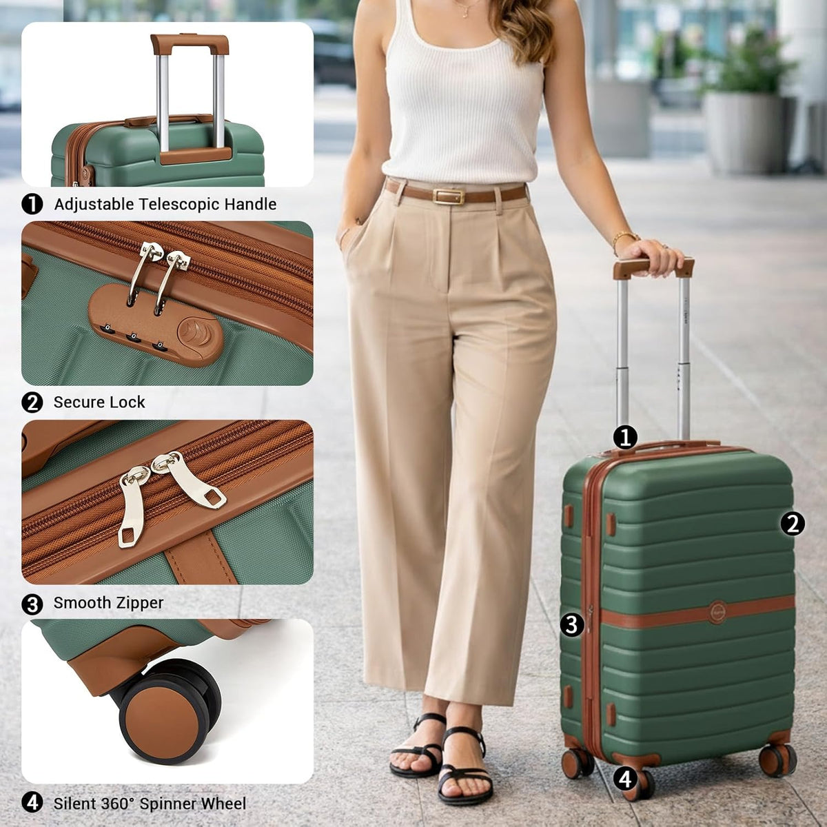 Expandable Carry On Luggage 22x14x9 Airline Approved with Spinner Wheels, 20 Inch Impact-Resistant PC+ABS Hardshell Rolling Suitcase Travel Luggage with Lock, White/Brown