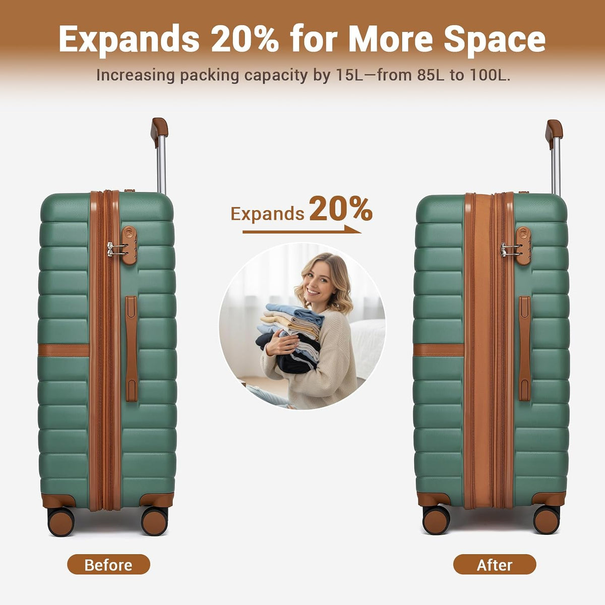 Expandable Carry On Luggage 22x14x9 Airline Approved with Spinner Wheels, 20 Inch Impact-Resistant PC+ABS Hardshell Rolling Suitcase Travel Luggage with Lock, White/Brown