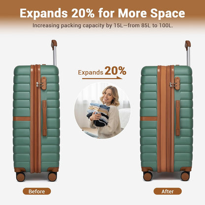 Expandable Carry On Luggage 22x14x9 Airline Approved with Spinner Wheels, 20 Inch Impact-Resistant PC+ABS Hardshell Rolling Suitcase Travel Luggage with Lock, White/Brown