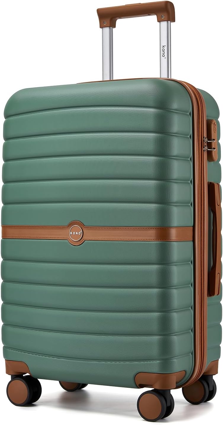 Expandable Carry On Luggage 22x14x9 Airline Approved with Spinner Wheels, 20 Inch Impact-Resistant PC+ABS Hardshell Rolling Suitcase Travel Luggage with Lock, White/Brown