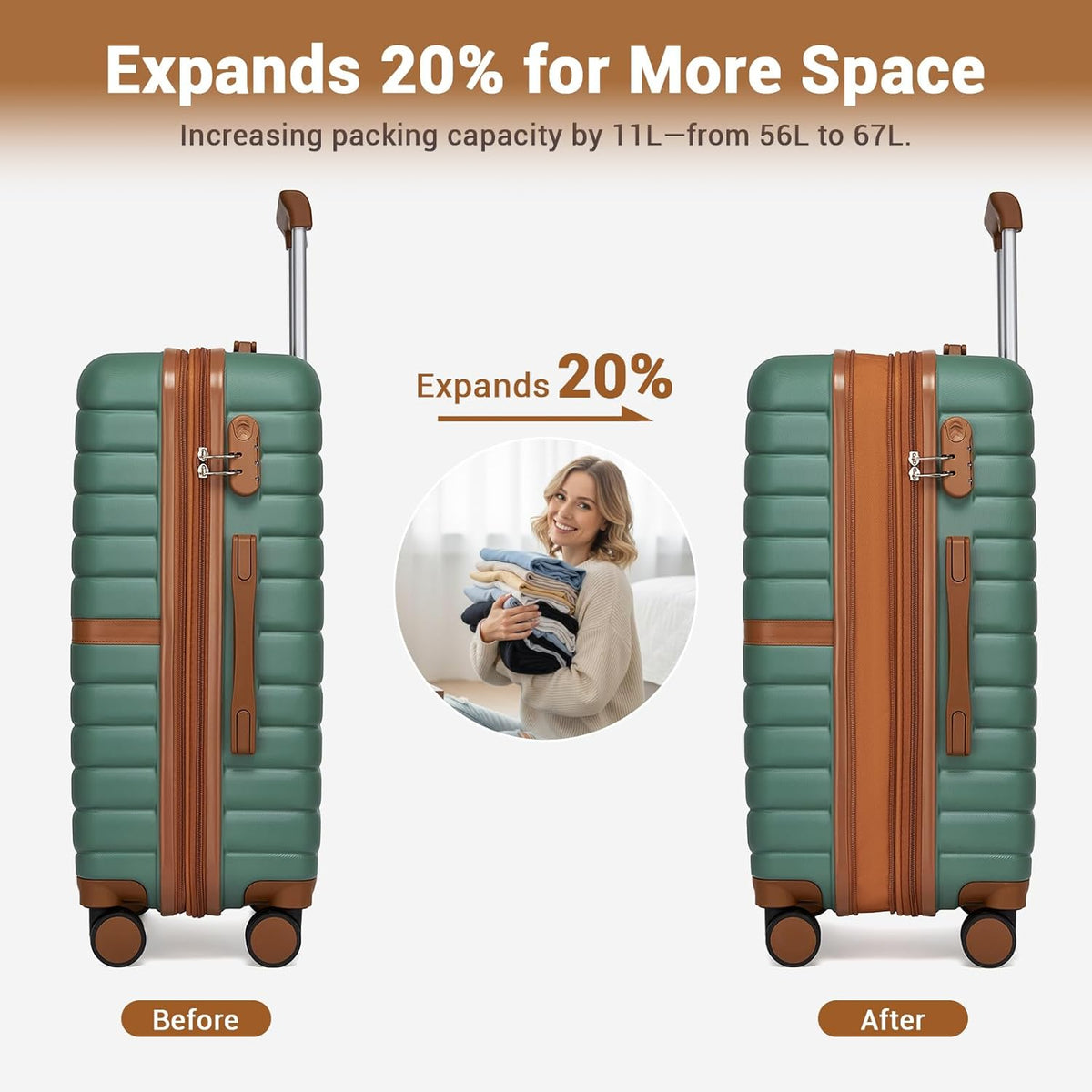 Expandable Carry On Luggage 22x14x9 Airline Approved with Spinner Wheels, 20 Inch Impact-Resistant PC+ABS Hardshell Rolling Suitcase Travel Luggage with Lock, White/Brown