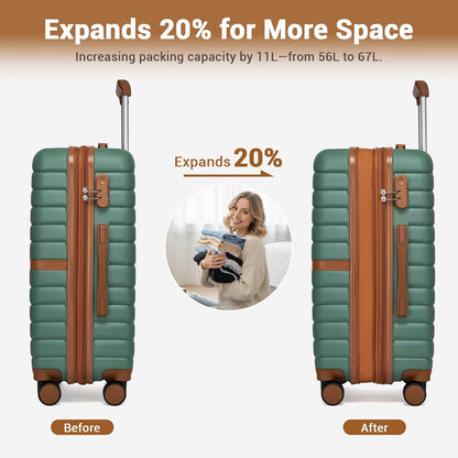 Expandable Carry On Luggage 22x14x9 Airline Approved with Spinner Wheels, 20 Inch Impact-Resistant PC+ABS Hardshell Rolling Suitcase Travel Luggage with Lock, White/Brown