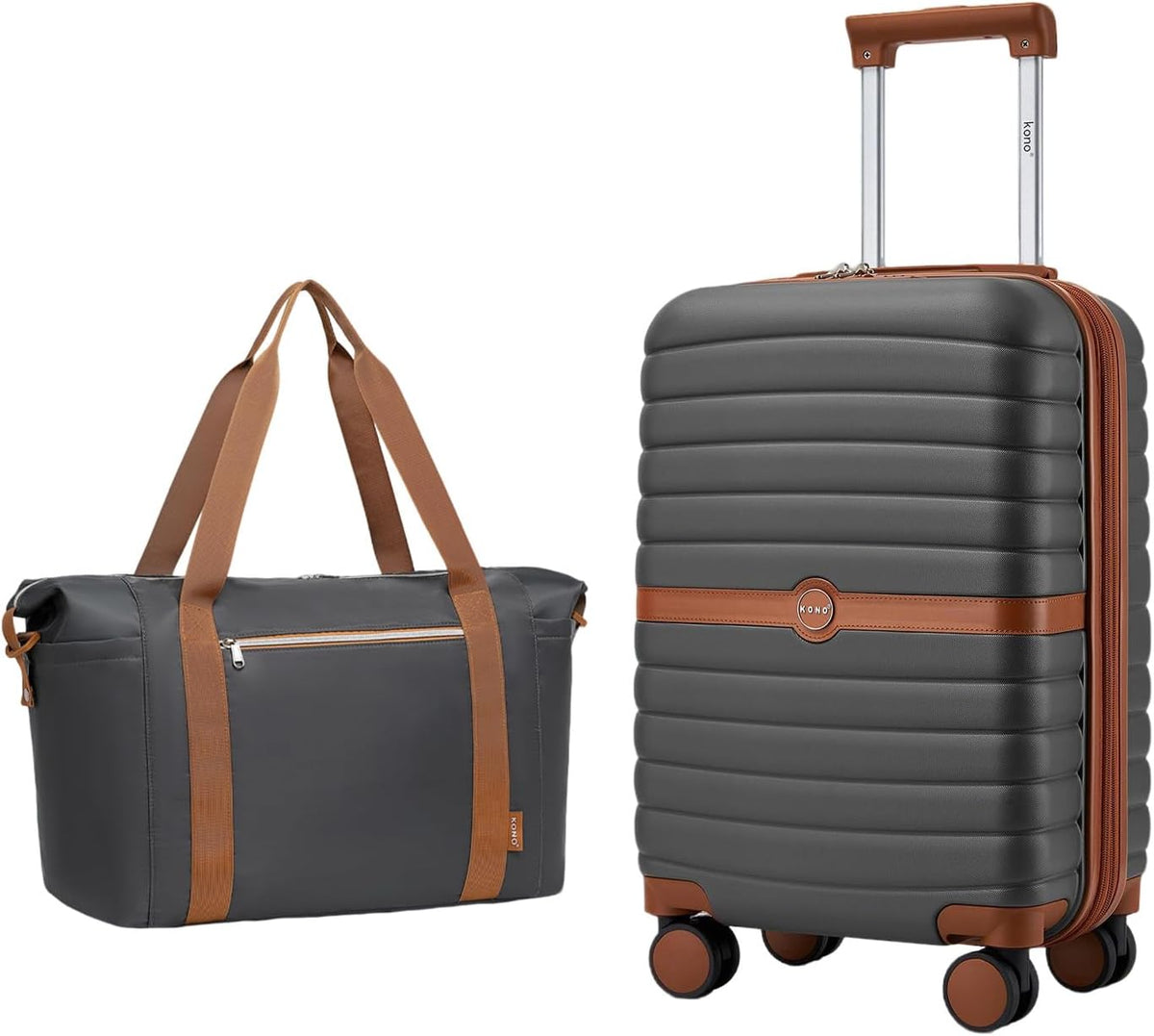Expandable Carry On Luggage 22x14x9 Airline Approved with Spinner Wheels, 20 Inch Impact-Resistant PC+ABS Hardshell Rolling Suitcase Travel Luggage with Lock, White/Brown