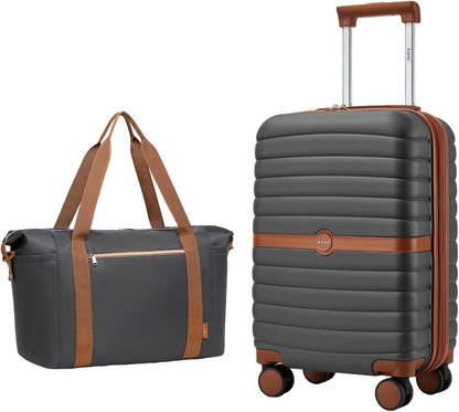 Expandable Carry On Luggage 22x14x9 Airline Approved with Spinner Wheels, 20 Inch Impact-Resistant PC+ABS Hardshell Rolling Suitcase Travel Luggage with Lock, White/Brown