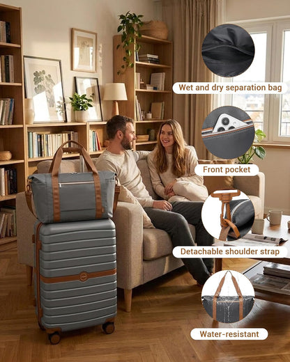 Expandable Carry On Luggage 22x14x9 Airline Approved with Spinner Wheels, 20 Inch Impact-Resistant PC+ABS Hardshell Rolling Suitcase Travel Luggage with Lock, White/Brown