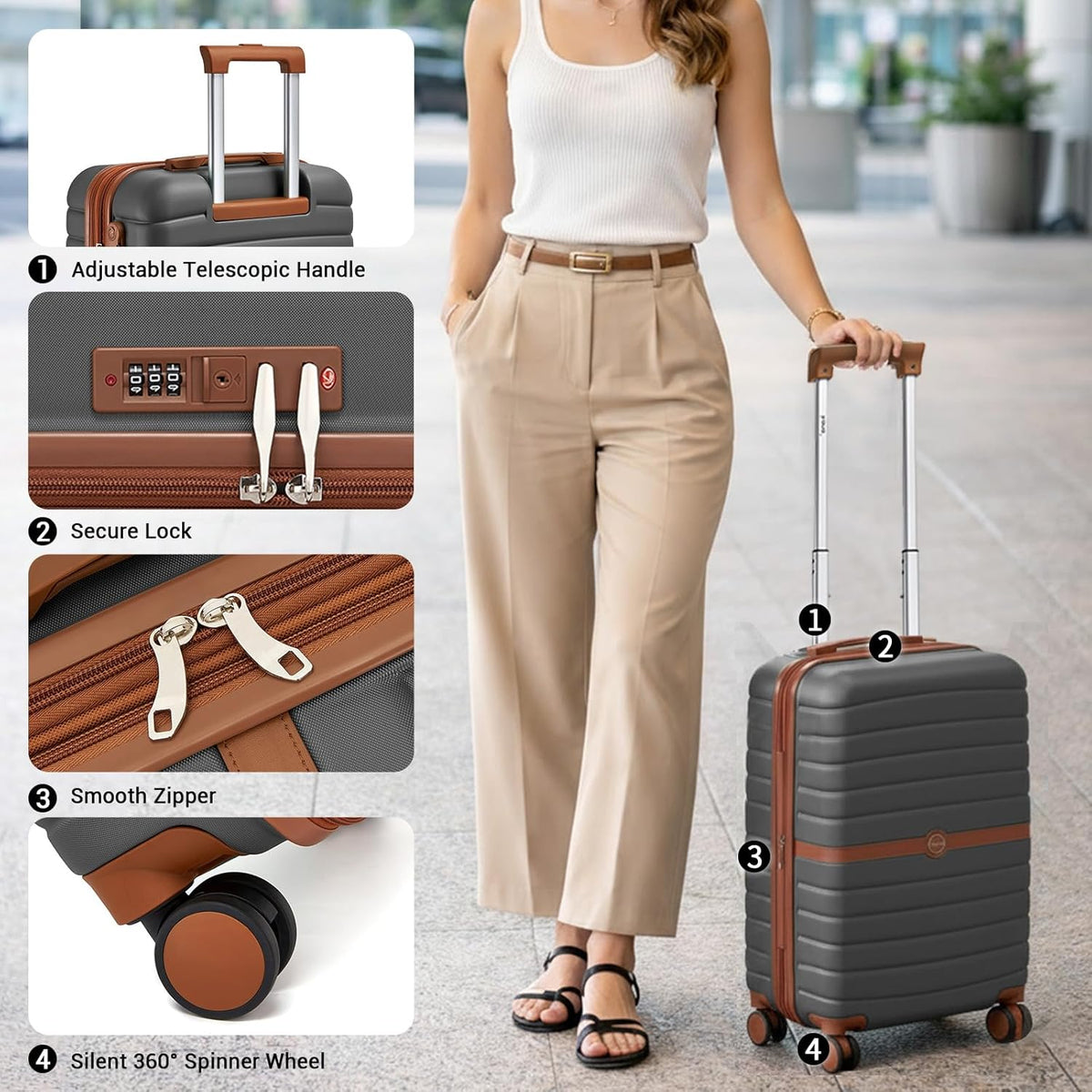 Expandable Carry On Luggage 22x14x9 Airline Approved with Spinner Wheels, 20 Inch Impact-Resistant PC+ABS Hardshell Rolling Suitcase Travel Luggage with Lock, White/Brown