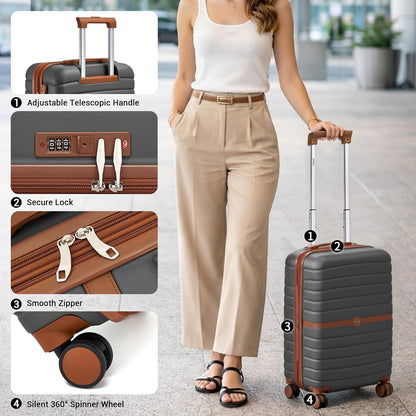 Expandable Carry On Luggage 22x14x9 Airline Approved with Spinner Wheels, 20 Inch Impact-Resistant PC+ABS Hardshell Rolling Suitcase Travel Luggage with Lock, White/Brown