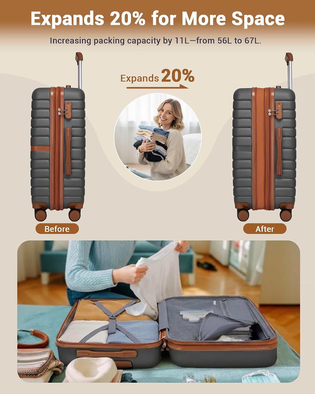 Expandable Carry On Luggage 22x14x9 Airline Approved with Spinner Wheels, 20 Inch Impact-Resistant PC+ABS Hardshell Rolling Suitcase Travel Luggage with Lock, White/Brown