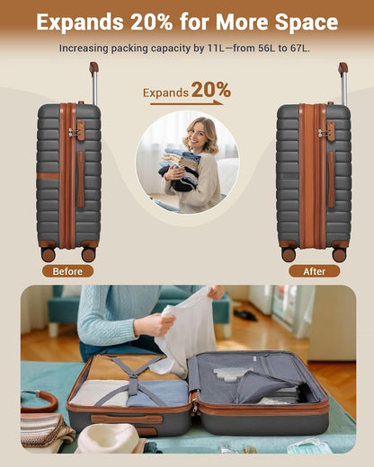 Expandable Carry On Luggage 22x14x9 Airline Approved with Spinner Wheels, 20 Inch Impact-Resistant PC+ABS Hardshell Rolling Suitcase Travel Luggage with Lock, White/Brown