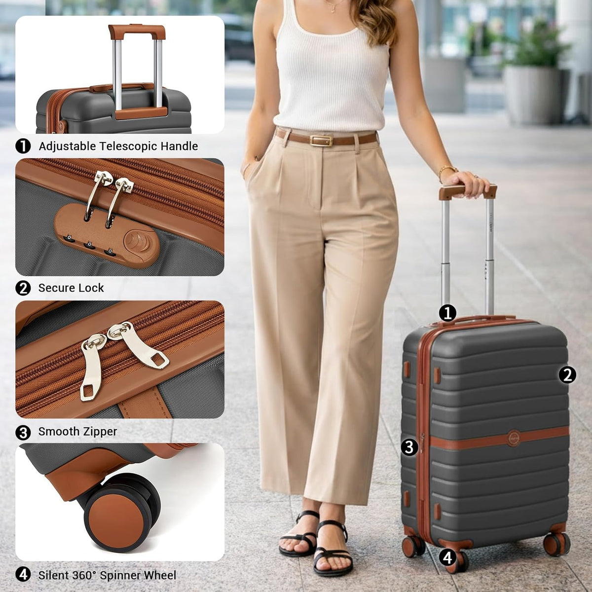 Expandable Carry On Luggage 22x14x9 Airline Approved with Spinner Wheels, 20 Inch Impact-Resistant PC+ABS Hardshell Rolling Suitcase Travel Luggage with Lock, White/Brown