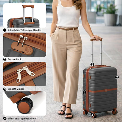 Expandable Carry On Luggage 22x14x9 Airline Approved with Spinner Wheels, 20 Inch Impact-Resistant PC+ABS Hardshell Rolling Suitcase Travel Luggage with Lock, White/Brown