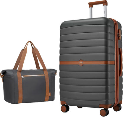 Expandable Carry On Luggage 22x14x9 Airline Approved with Spinner Wheels, 20 Inch Impact-Resistant PC+ABS Hardshell Rolling Suitcase Travel Luggage with Lock, White/Brown