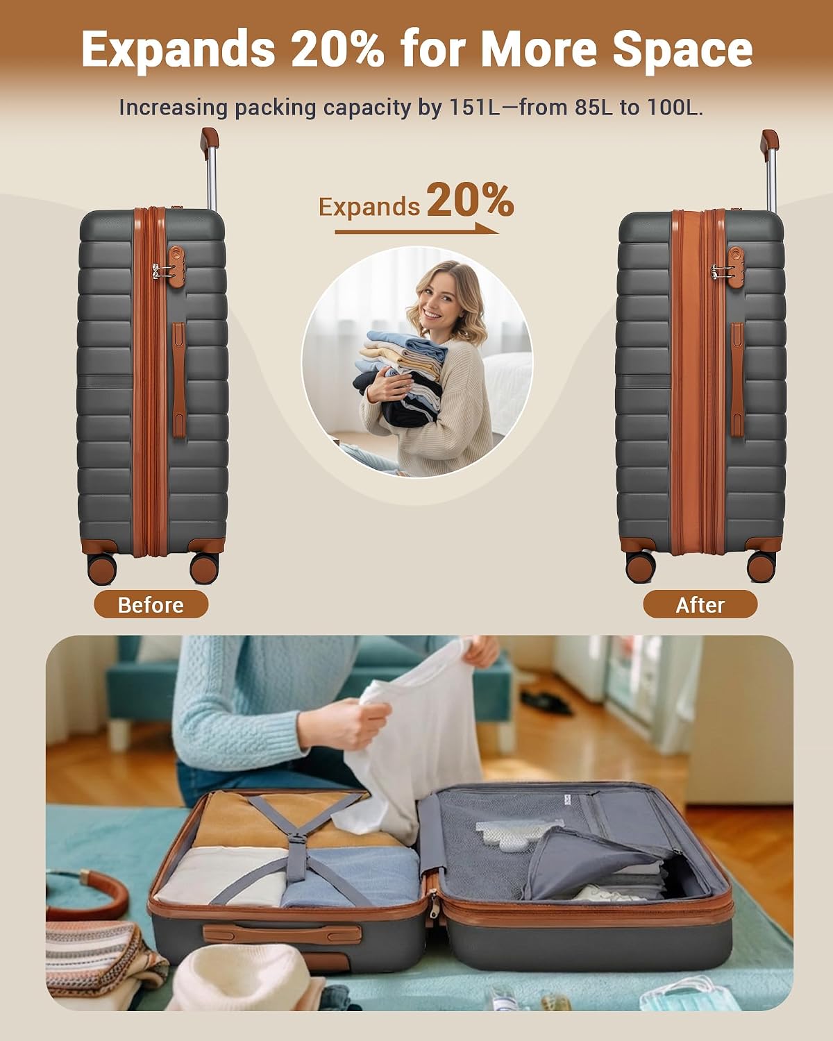Expandable Carry On Luggage 22x14x9 Airline Approved with Spinner Wheels, 20 Inch Impact-Resistant PC+ABS Hardshell Rolling Suitcase Travel Luggage with Lock, White/Brown