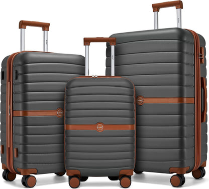Expandable Carry On Luggage 22x14x9 Airline Approved with Spinner Wheels, 20 Inch Impact-Resistant PC+ABS Hardshell Rolling Suitcase Travel Luggage with Lock, White/Brown