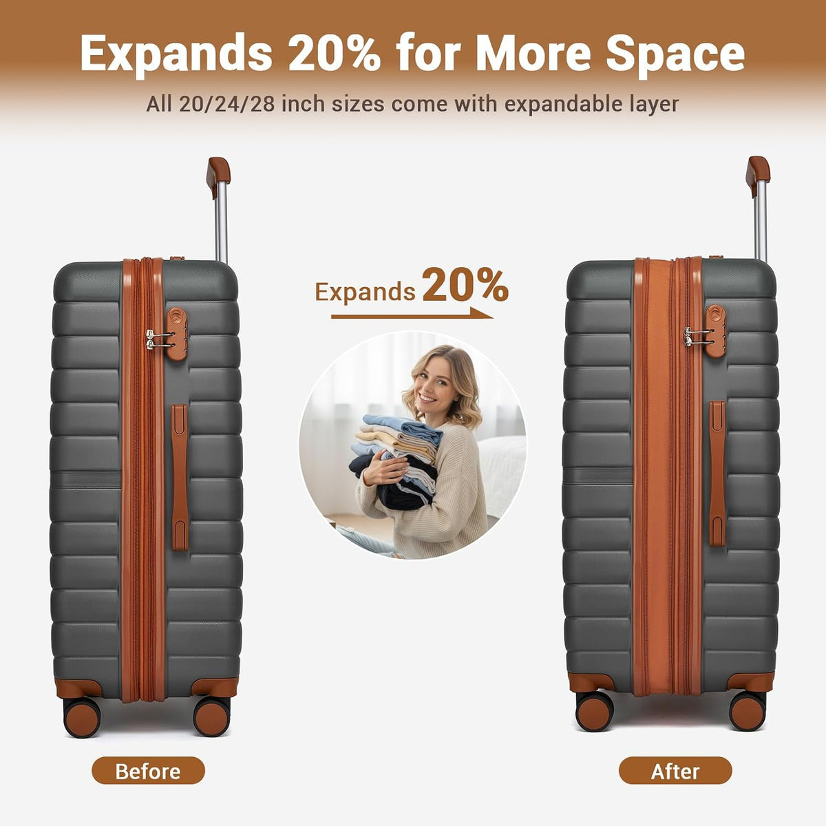 Expandable Carry On Luggage 22x14x9 Airline Approved with Spinner Wheels, 20 Inch Impact-Resistant PC+ABS Hardshell Rolling Suitcase Travel Luggage with Lock, White/Brown