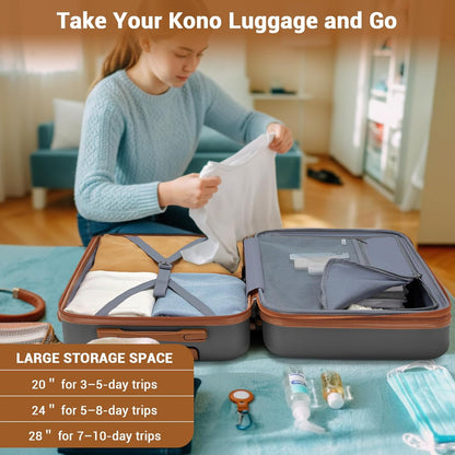 Expandable Carry On Luggage 22x14x9 Airline Approved with Spinner Wheels, 20 Inch Impact-Resistant PC+ABS Hardshell Rolling Suitcase Travel Luggage with Lock, White/Brown