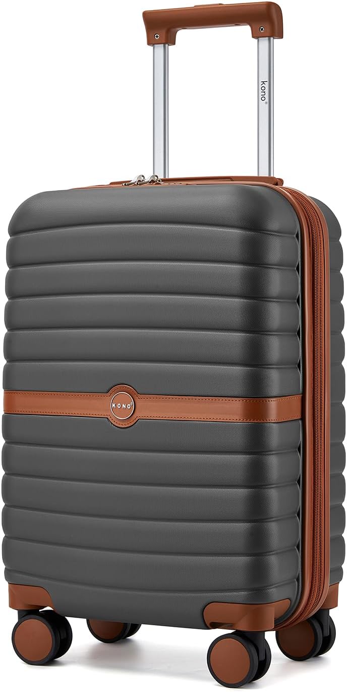 Expandable Carry On Luggage 22x14x9 Airline Approved with Spinner Wheels, 20 Inch Impact-Resistant PC+ABS Hardshell Rolling Suitcase Travel Luggage with Lock, White/Brown