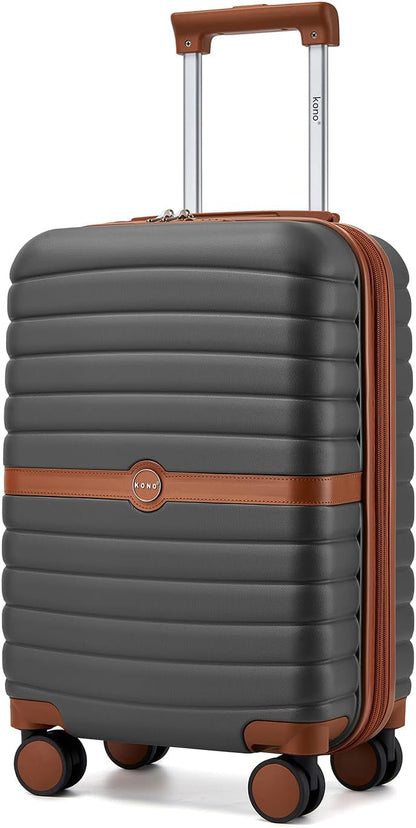 Expandable Carry On Luggage 22x14x9 Airline Approved with Spinner Wheels, 20 Inch Impact-Resistant PC+ABS Hardshell Rolling Suitcase Travel Luggage with Lock, White/Brown