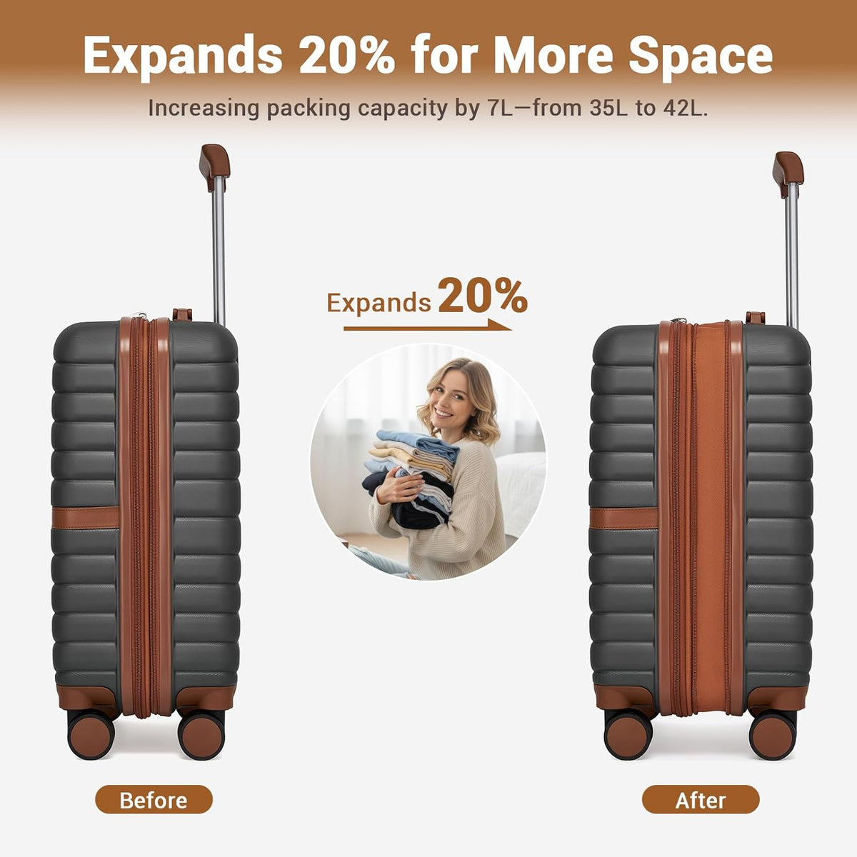 Expandable Carry On Luggage 22x14x9 Airline Approved with Spinner Wheels, 20 Inch Impact-Resistant PC+ABS Hardshell Rolling Suitcase Travel Luggage with Lock, White/Brown