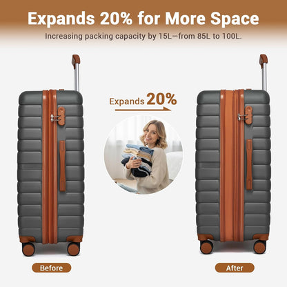 Expandable Carry On Luggage 22x14x9 Airline Approved with Spinner Wheels, 20 Inch Impact-Resistant PC+ABS Hardshell Rolling Suitcase Travel Luggage with Lock, White/Brown