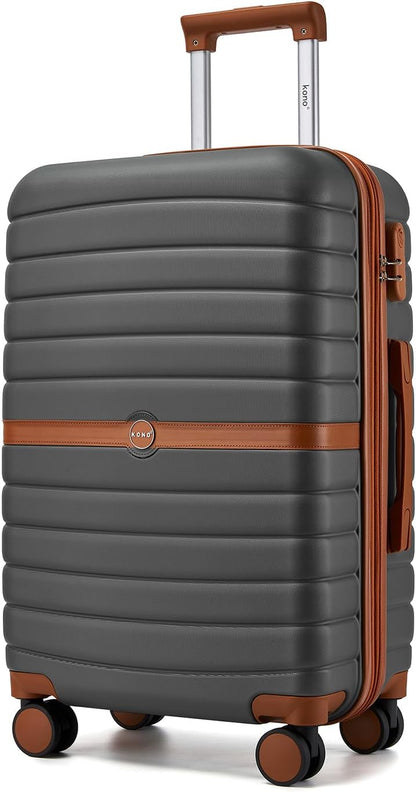Expandable Carry On Luggage 22x14x9 Airline Approved with Spinner Wheels, 20 Inch Impact-Resistant PC+ABS Hardshell Rolling Suitcase Travel Luggage with Lock, White/Brown