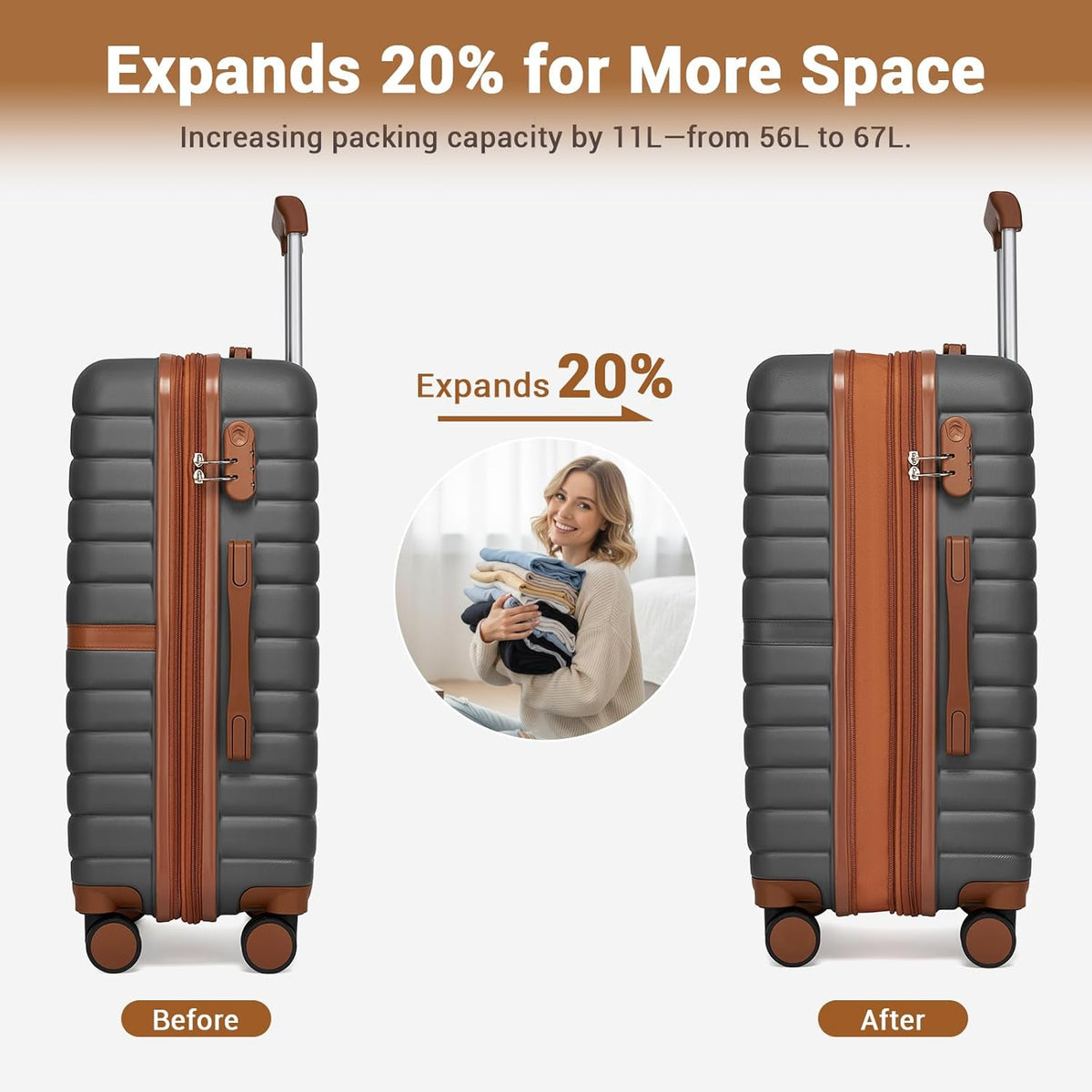 Expandable Carry On Luggage 22x14x9 Airline Approved with Spinner Wheels, 20 Inch Impact-Resistant PC+ABS Hardshell Rolling Suitcase Travel Luggage with Lock, White/Brown